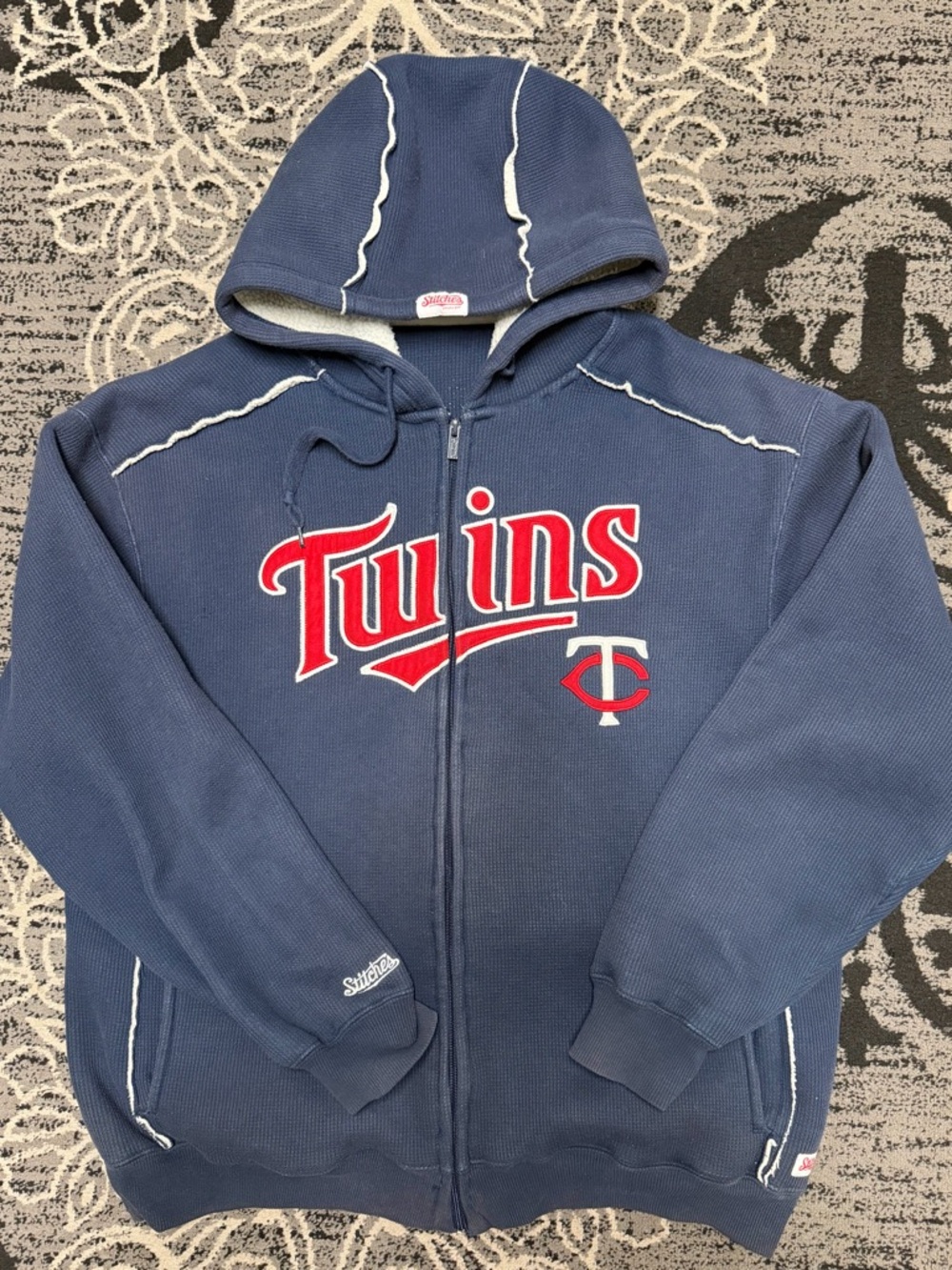 Stitches Navy Hoodie with Red Script Logo